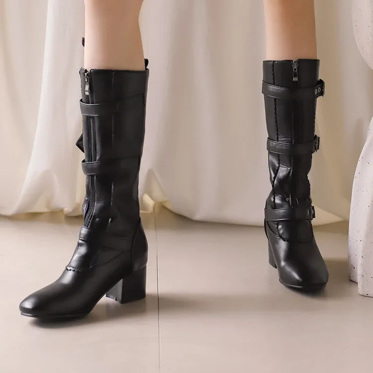 Women's Buckle Strap Round Toe Block Heel Mid Calf Boots