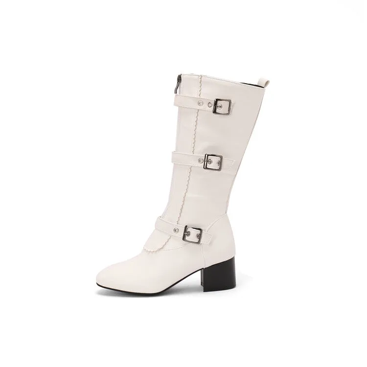 Women's Buckle Strap Round Toe Block Heel Mid Calf Boots