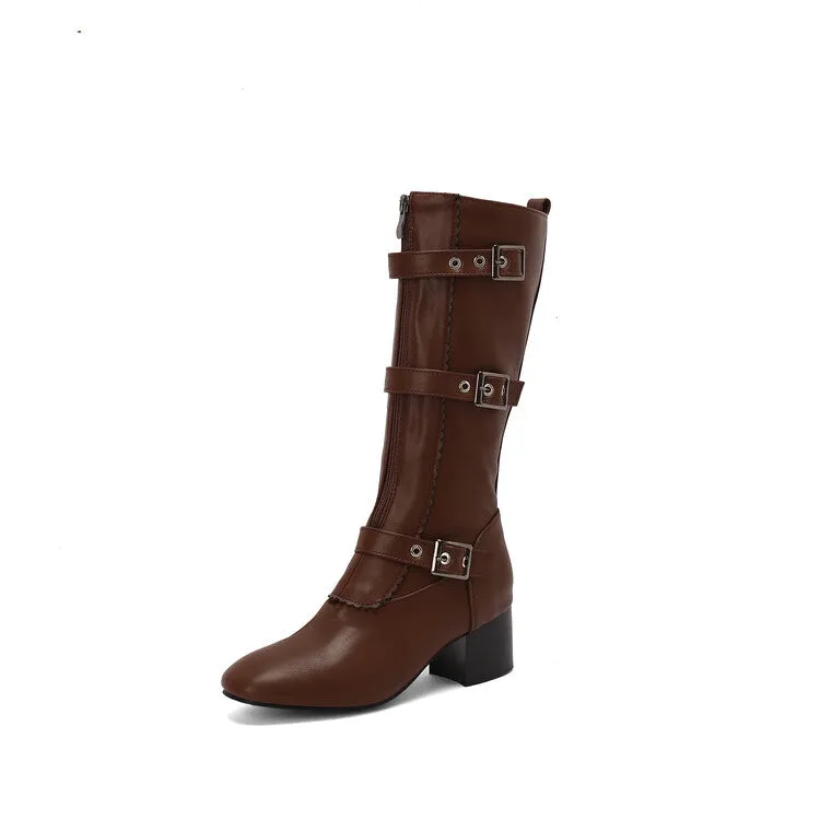 Women's Buckle Strap Round Toe Block Heel Mid Calf Boots