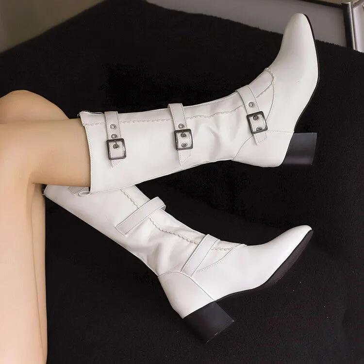 Women's Buckle Strap Round Toe Block Heel Mid Calf Boots