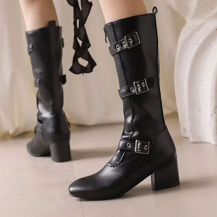 Women's Buckle Strap Round Toe Block Heel Mid Calf Boots
