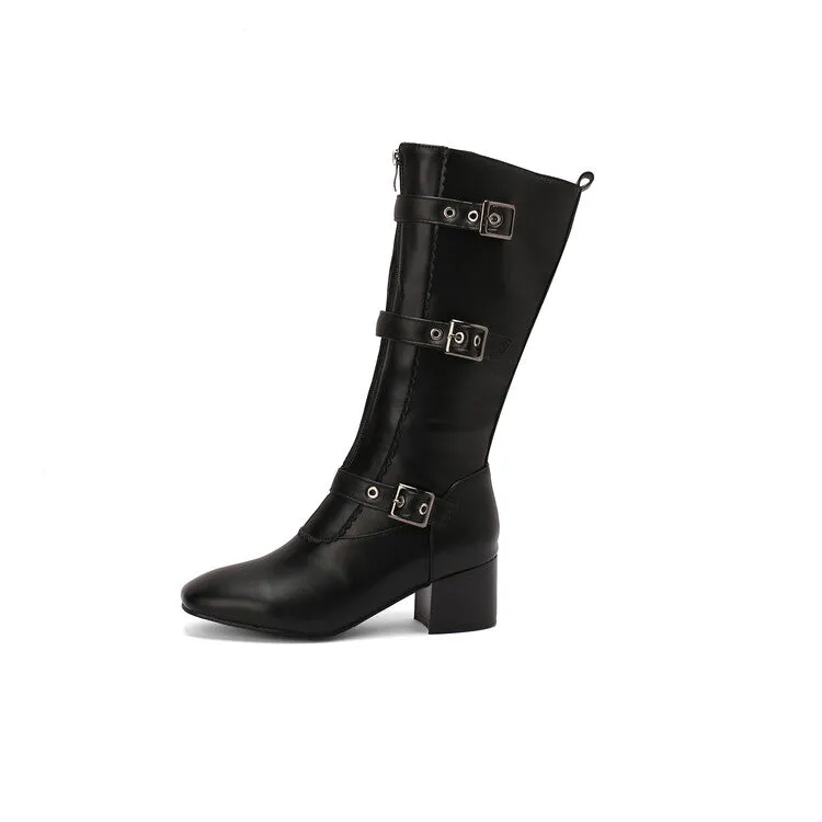 Women's Buckle Strap Round Toe Block Heel Mid Calf Boots