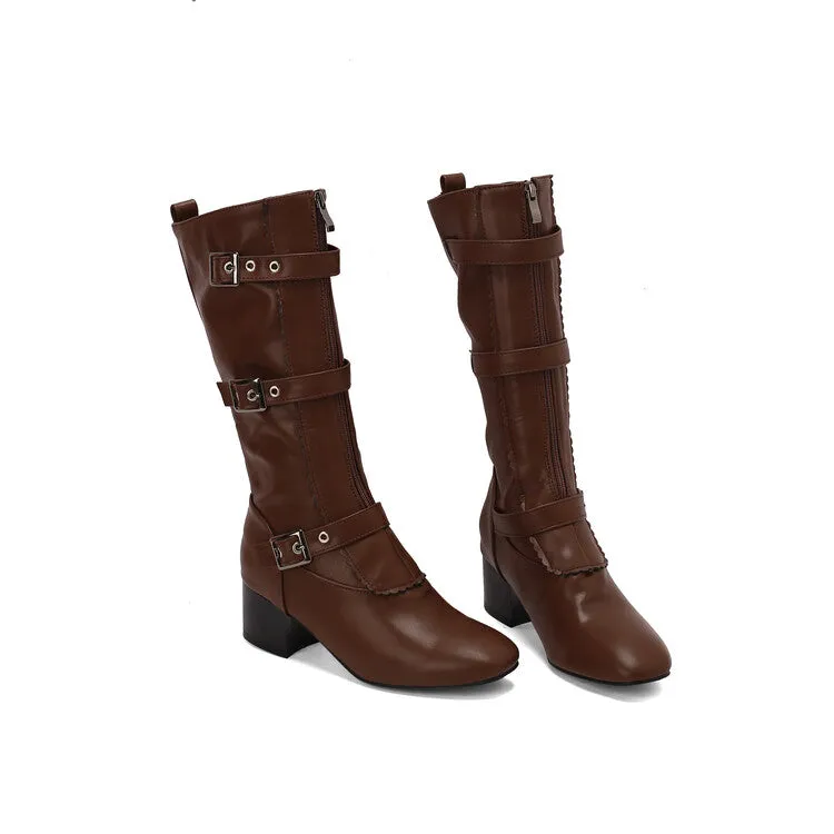 Women's Buckle Strap Round Toe Block Heel Mid Calf Boots