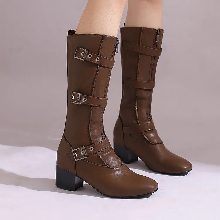 Women's Buckle Strap Round Toe Block Heel Mid Calf Boots
