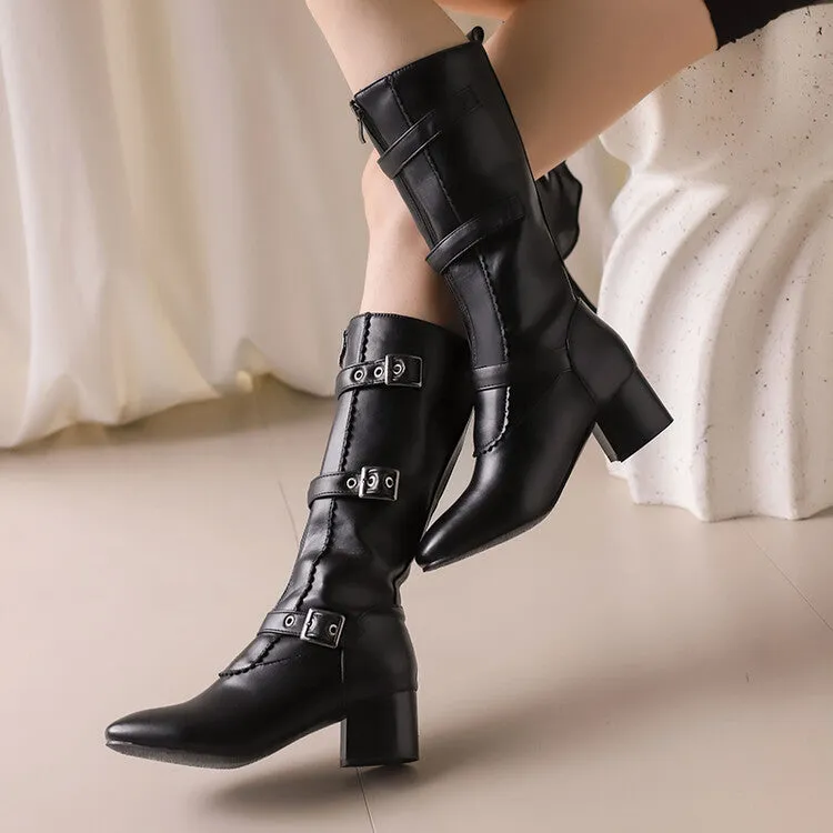 Women's Buckle Strap Round Toe Block Heel Mid Calf Boots