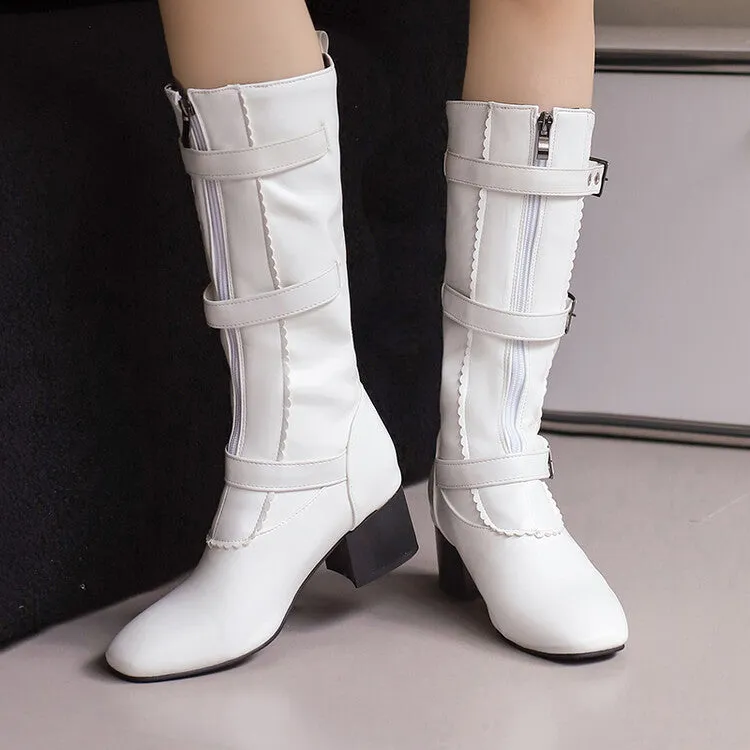 Women's Buckle Strap Round Toe Block Heel Mid Calf Boots