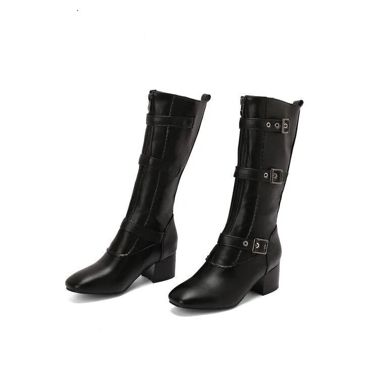 Women's Buckle Strap Round Toe Block Heel Mid Calf Boots