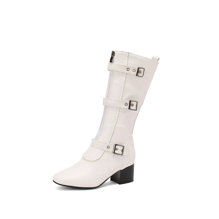 Women's Buckle Strap Round Toe Block Heel Mid Calf Boots