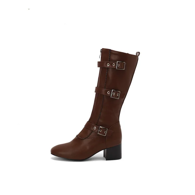 Women's Buckle Strap Round Toe Block Heel Mid Calf Boots