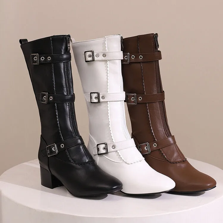 Women's Buckle Strap Round Toe Block Heel Mid Calf Boots