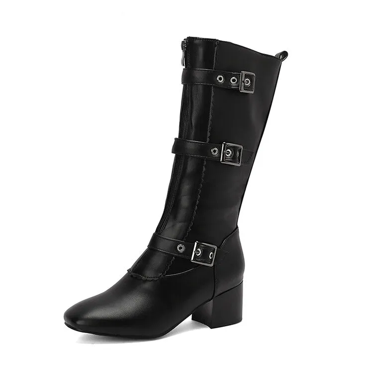 Women's Buckle Strap Round Toe Block Heel Mid Calf Boots