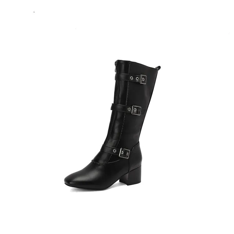 Women's Buckle Strap Round Toe Block Heel Mid Calf Boots