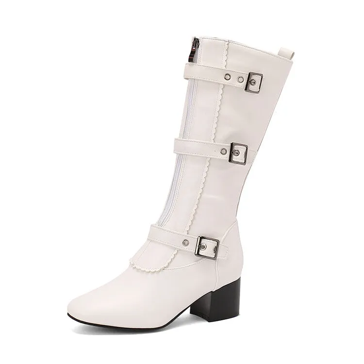 Women's Buckle Strap Round Toe Block Heel Mid Calf Boots