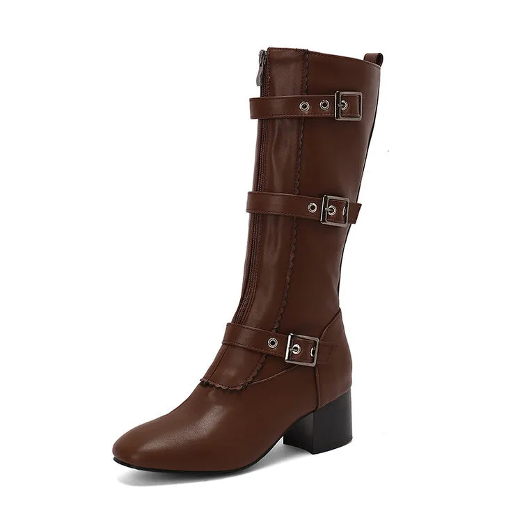 Women's Buckle Strap Round Toe Block Heel Mid Calf Boots