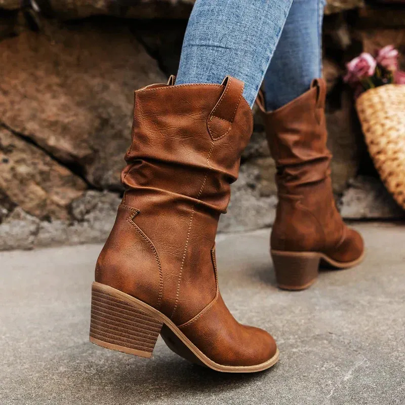 Women's Elegant Cowboy Slip On Boots | Low Heel