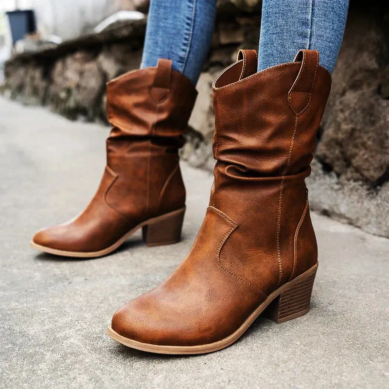Women's Elegant Cowboy Slip On Boots | Low Heel