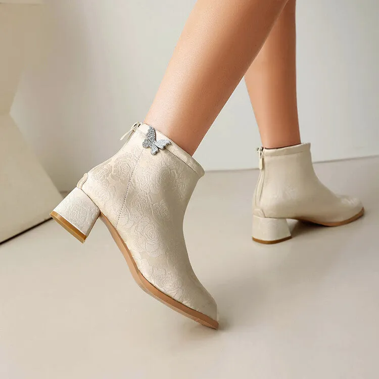 Women's Embroider Butterfly Dec Pointed Toe Block Heel Ankle Boots