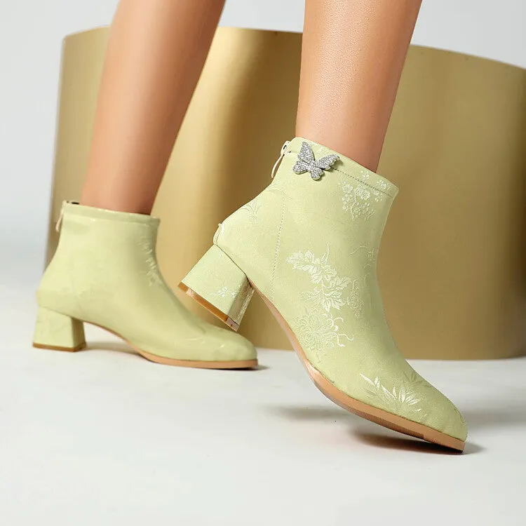 Women's Embroider Butterfly Dec Pointed Toe Block Heel Ankle Boots