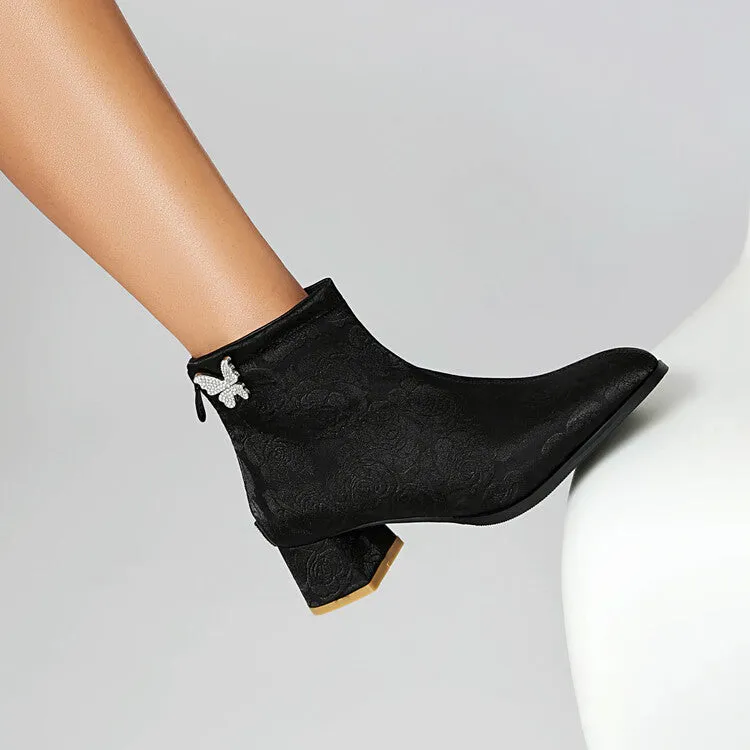 Women's Embroider Butterfly Dec Pointed Toe Block Heel Ankle Boots