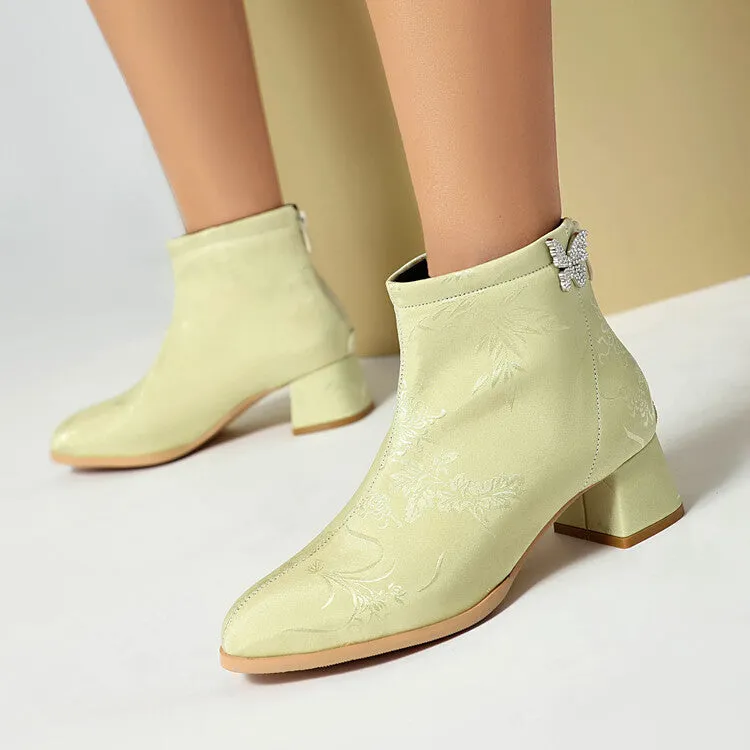 Women's Embroider Butterfly Dec Pointed Toe Block Heel Ankle Boots