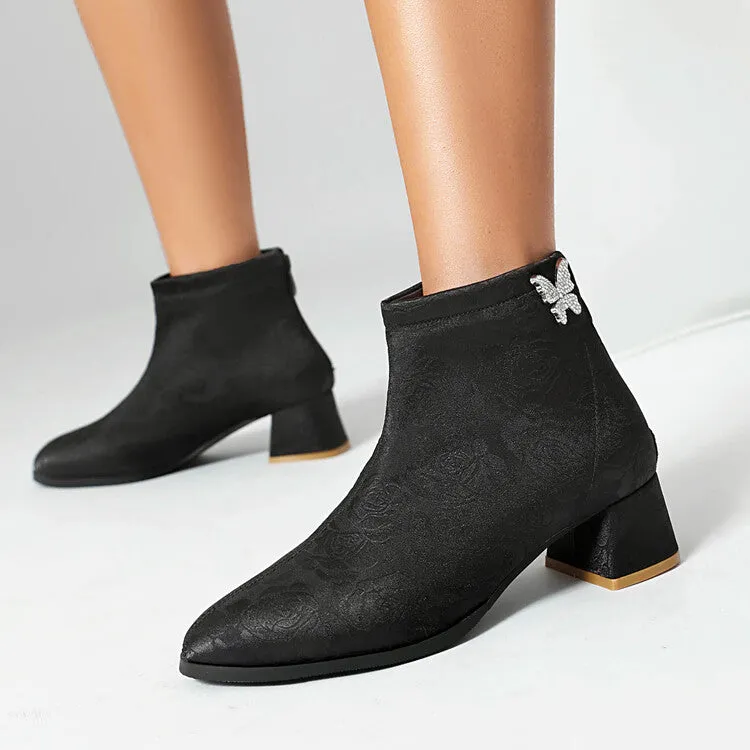 Women's Embroider Butterfly Dec Pointed Toe Block Heel Ankle Boots
