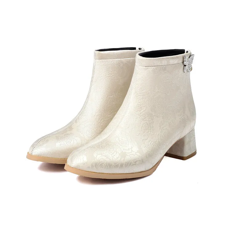 Women's Embroider Butterfly Dec Pointed Toe Block Heel Ankle Boots