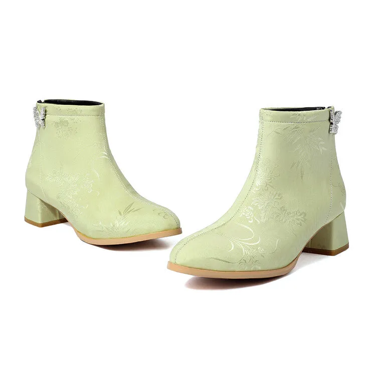 Women's Embroider Butterfly Dec Pointed Toe Block Heel Ankle Boots