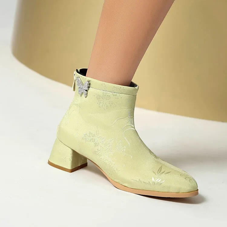 Women's Embroider Butterfly Dec Pointed Toe Block Heel Ankle Boots