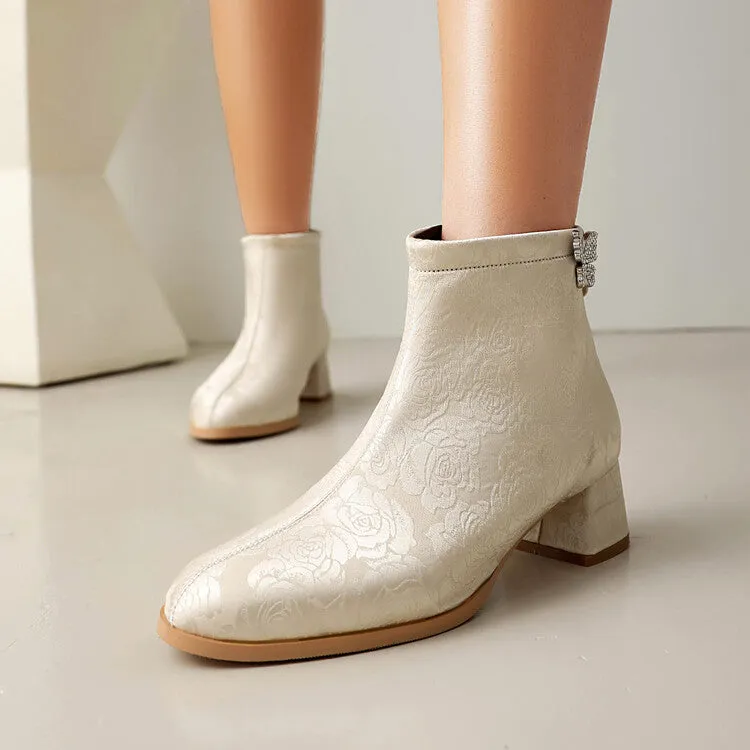 Women's Embroider Butterfly Dec Pointed Toe Block Heel Ankle Boots