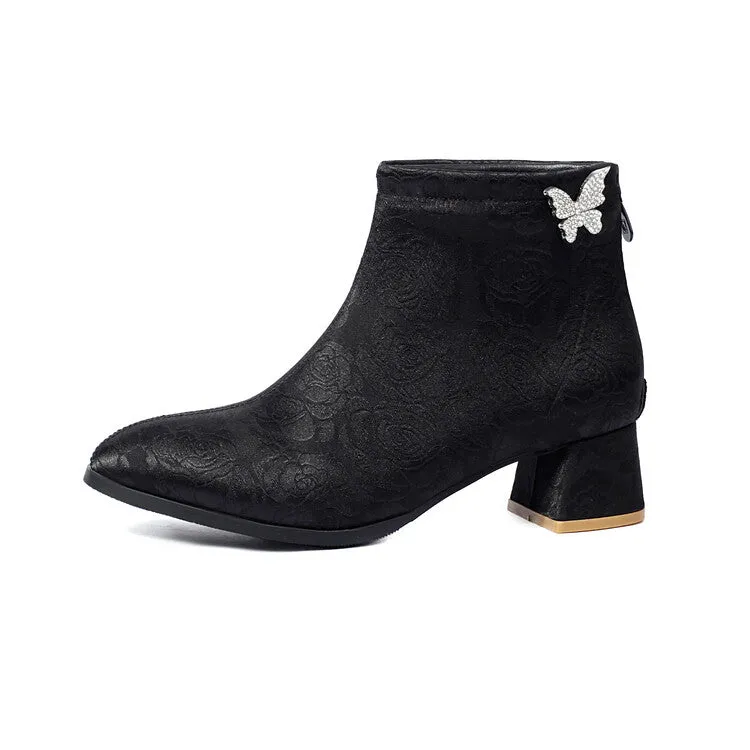 Women's Embroider Butterfly Dec Pointed Toe Block Heel Ankle Boots