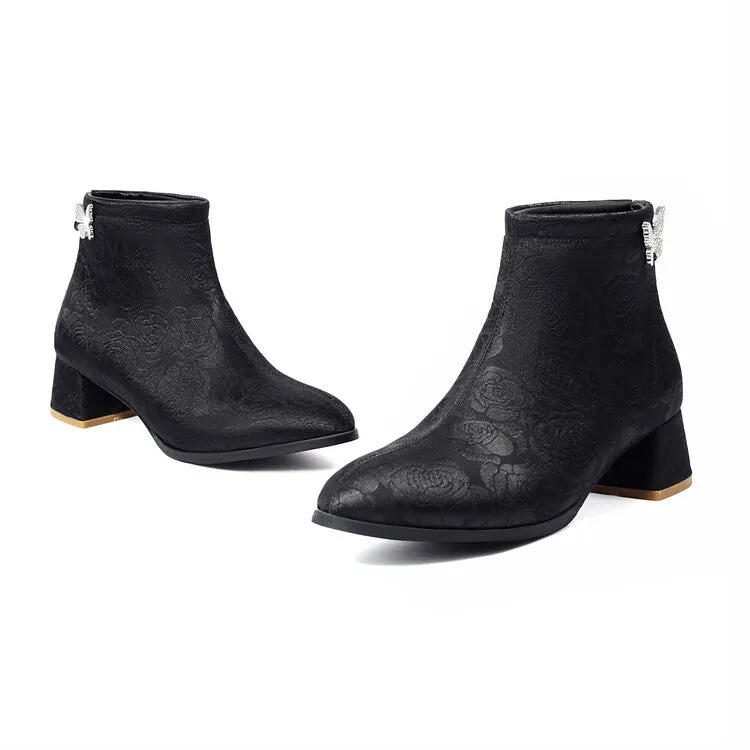 Women's Embroider Butterfly Dec Pointed Toe Block Heel Ankle Boots