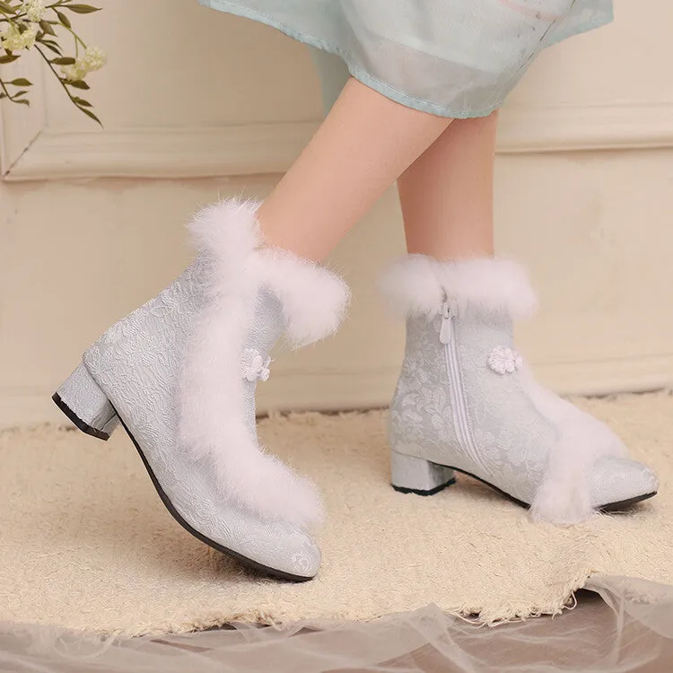 Women's Embroider Furry Block Heel Ankle Boots