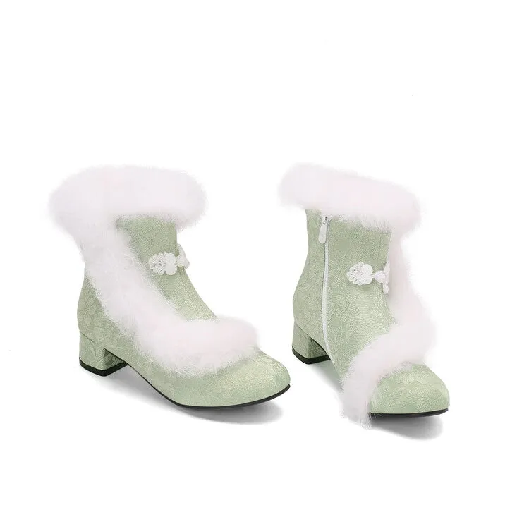 Women's Embroider Furry Block Heel Ankle Boots
