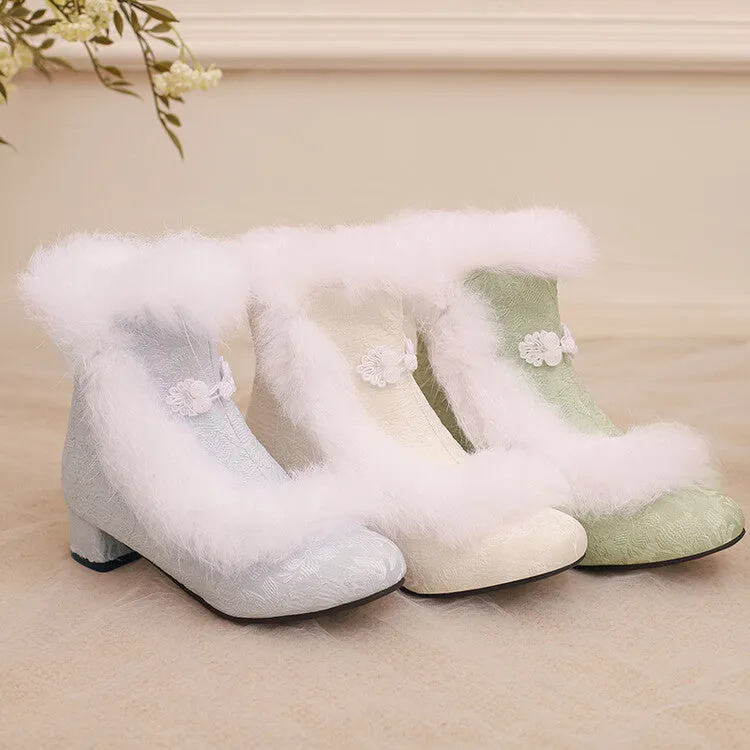 Women's Embroider Furry Block Heel Ankle Boots
