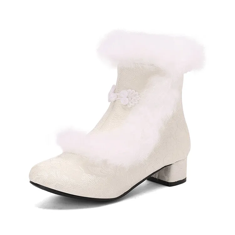 Women's Embroider Furry Block Heel Ankle Boots