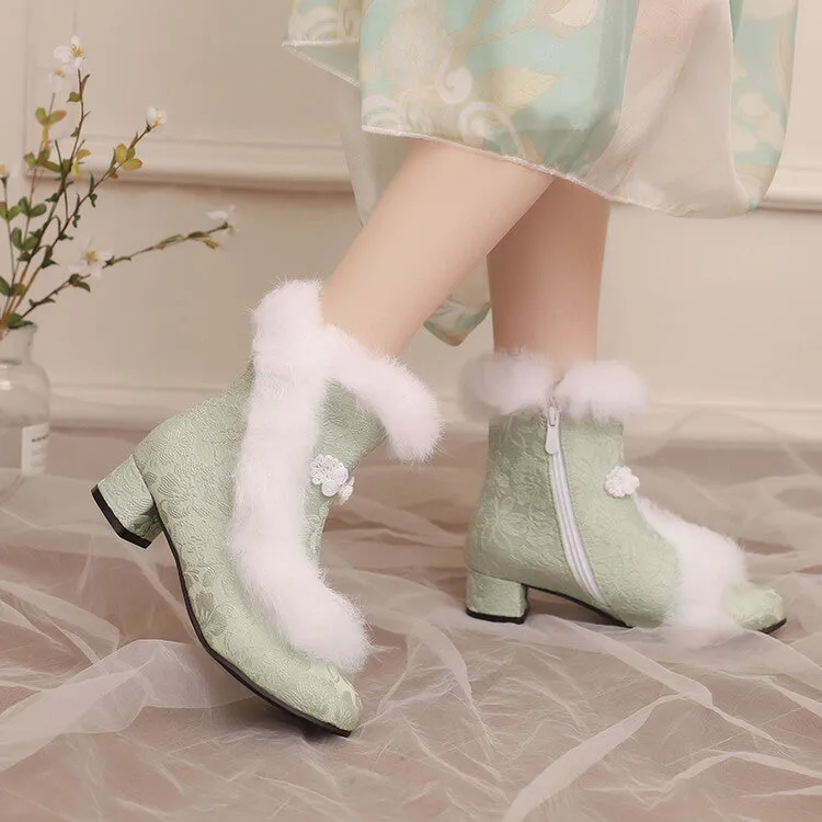 Women's Embroider Furry Block Heel Ankle Boots