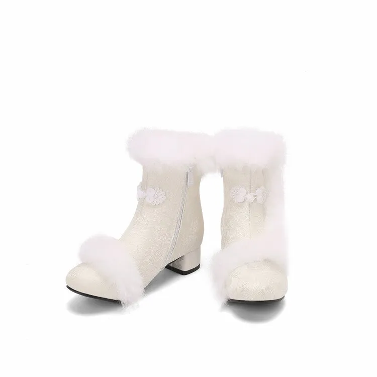 Women's Embroider Furry Block Heel Ankle Boots