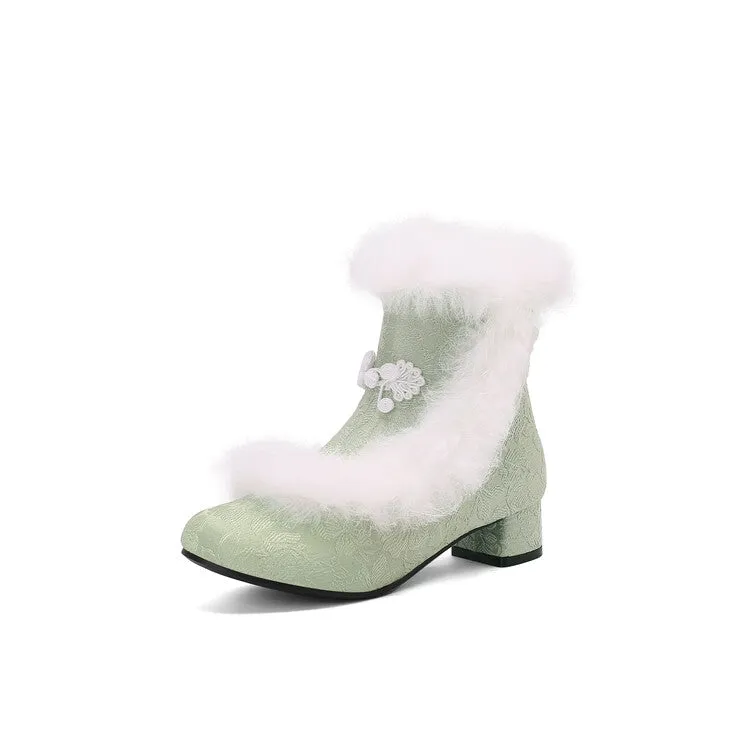Women's Embroider Furry Block Heel Ankle Boots