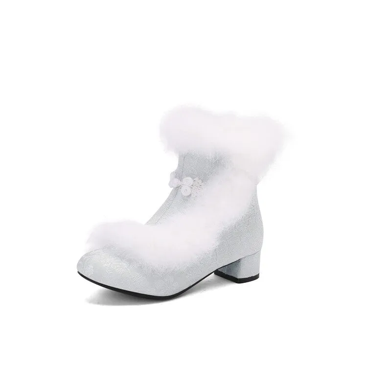 Women's Embroider Furry Block Heel Ankle Boots