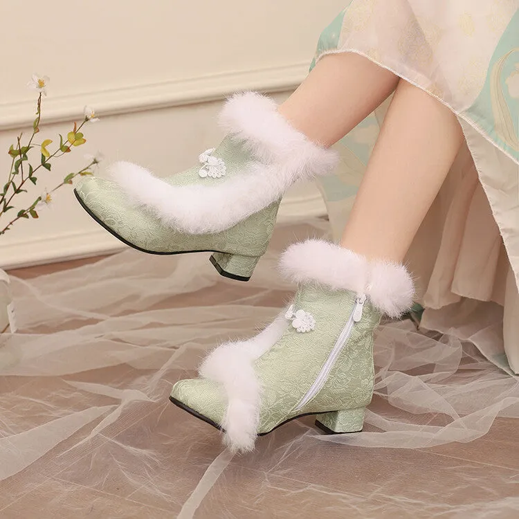 Women's Embroider Furry Block Heel Ankle Boots
