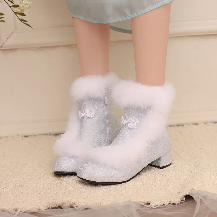 Women's Embroider Furry Block Heel Ankle Boots