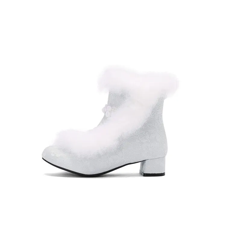 Women's Embroider Furry Block Heel Ankle Boots