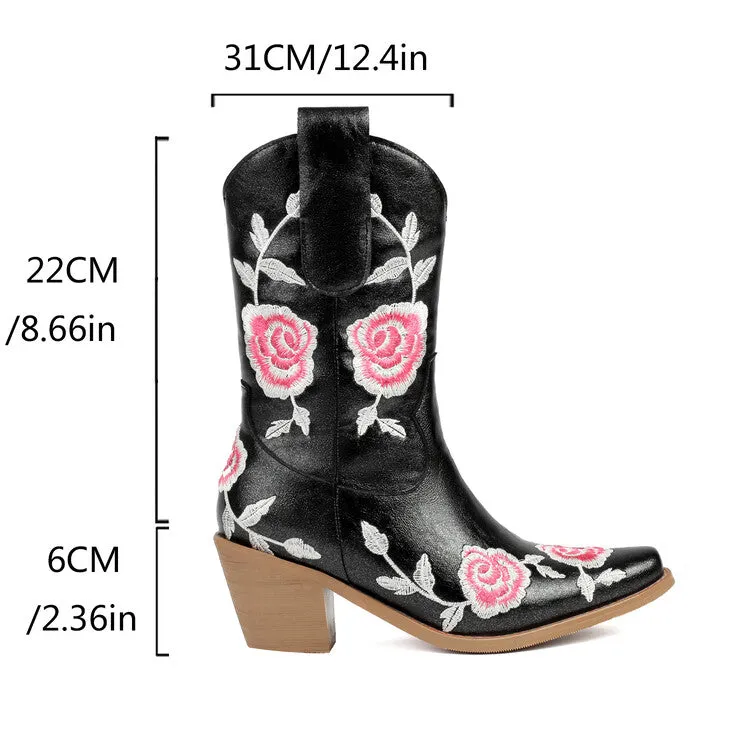 Women's Floral Embroider Square Toe Block Heel Mid Calf Western Boots