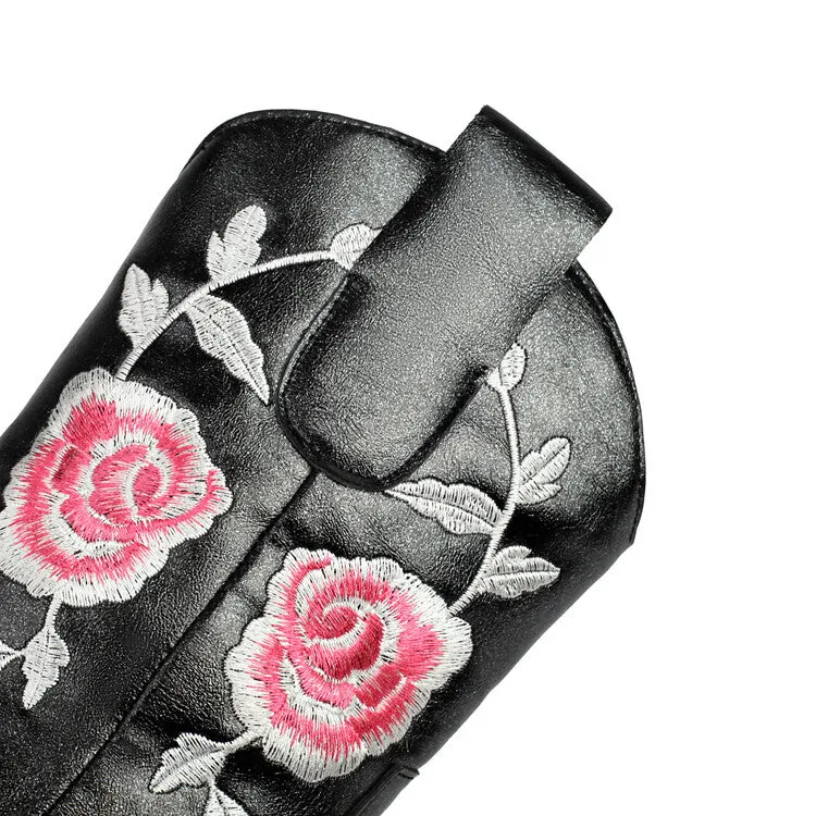 Women's Floral Embroider Square Toe Block Heel Mid Calf Western Boots