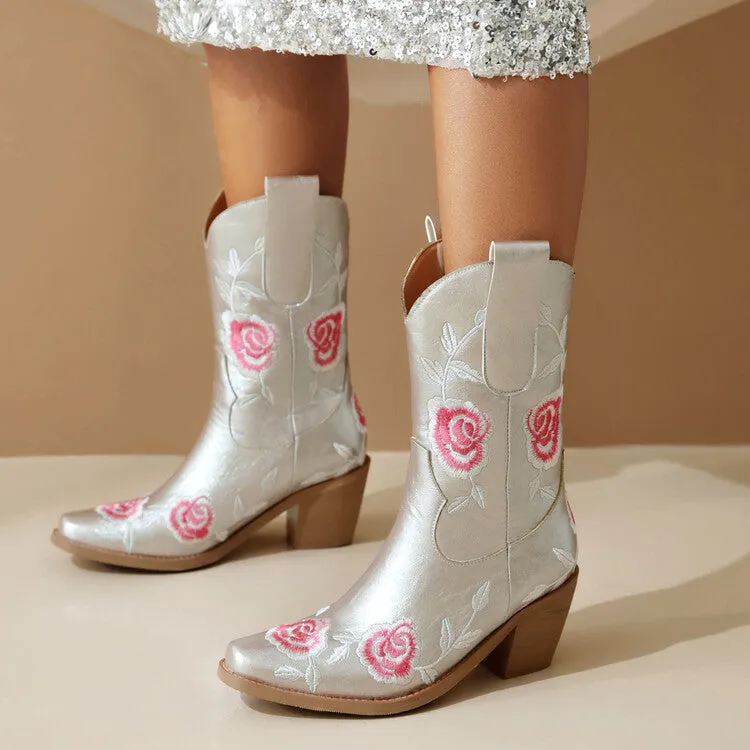 Women's Floral Embroider Square Toe Block Heel Mid Calf Western Boots