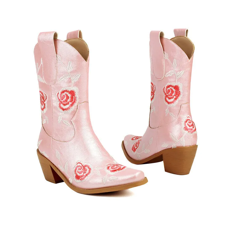 Women's Floral Embroider Square Toe Block Heel Mid Calf Western Boots