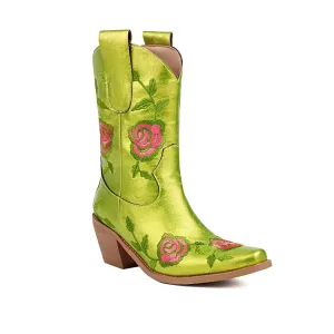 Women's Floral Embroider Square Toe Block Heel Mid Calf Western Boots