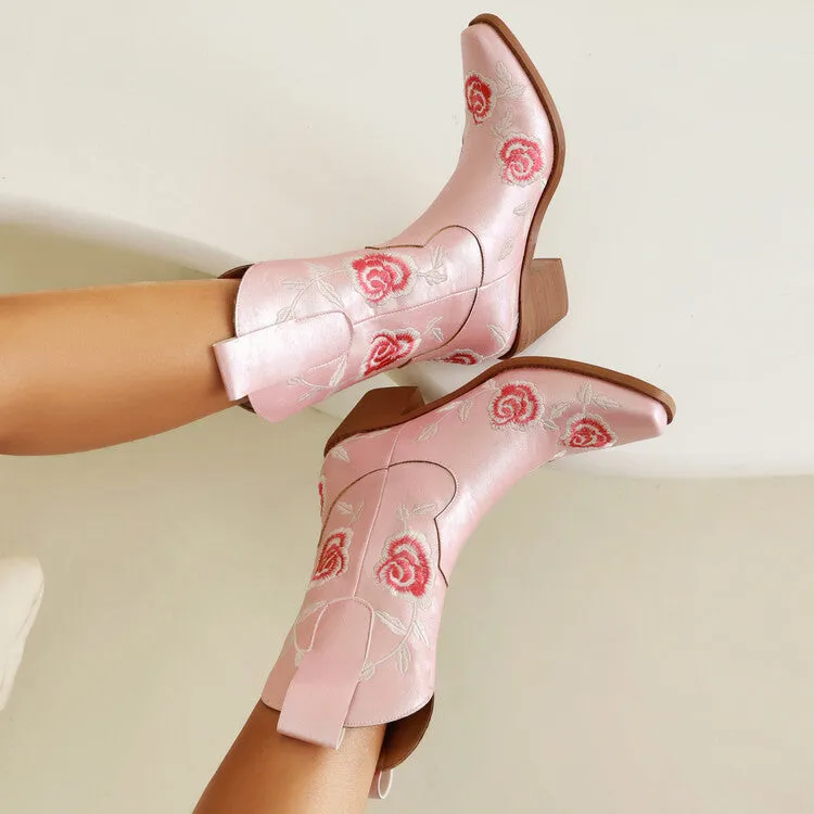 Women's Floral Embroider Square Toe Block Heel Mid Calf Western Boots