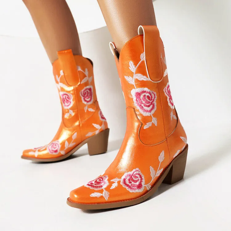 Women's Floral Embroider Square Toe Block Heel Mid Calf Western Boots