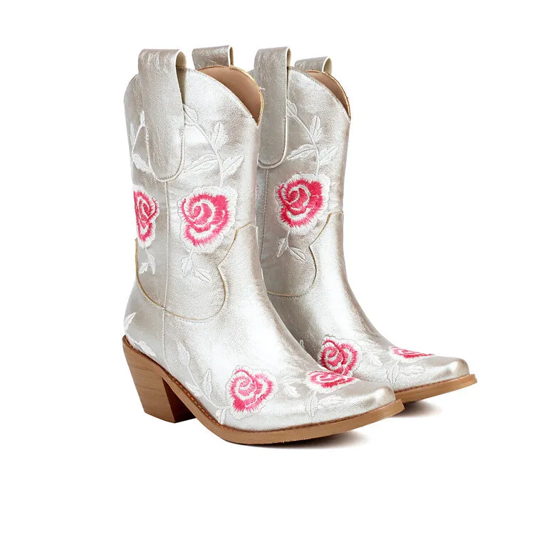 Women's Floral Embroider Square Toe Block Heel Mid Calf Western Boots